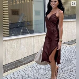 Zara Satin Effect Slip Midi Brown Dress Size S Bloggers Favorite